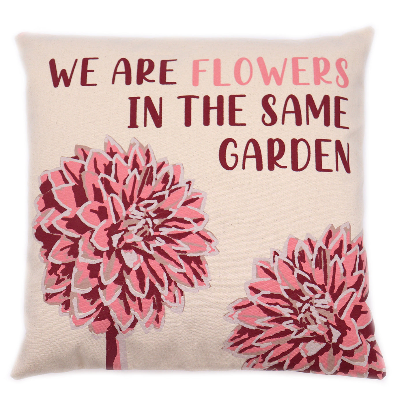 cushion, zen, phrase, flowers, we are flowers in the same garden