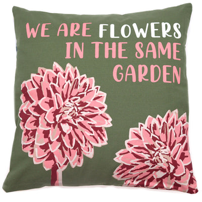 cushion, zen, phrase, flowers, we are flowers in the same garden