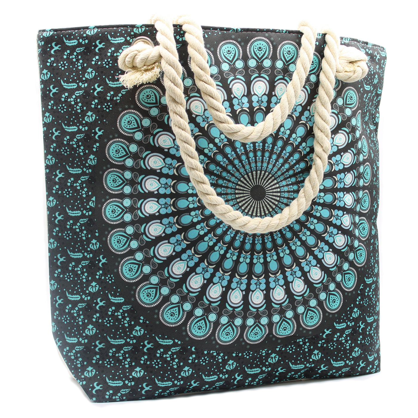 This charmingly patterned  Mandala Bag is large enough for storing all of your essentials. It has small pocket inside, two shoulder straps and fastening at the top with a zip. It will be perfect for shopping and also for a beach.