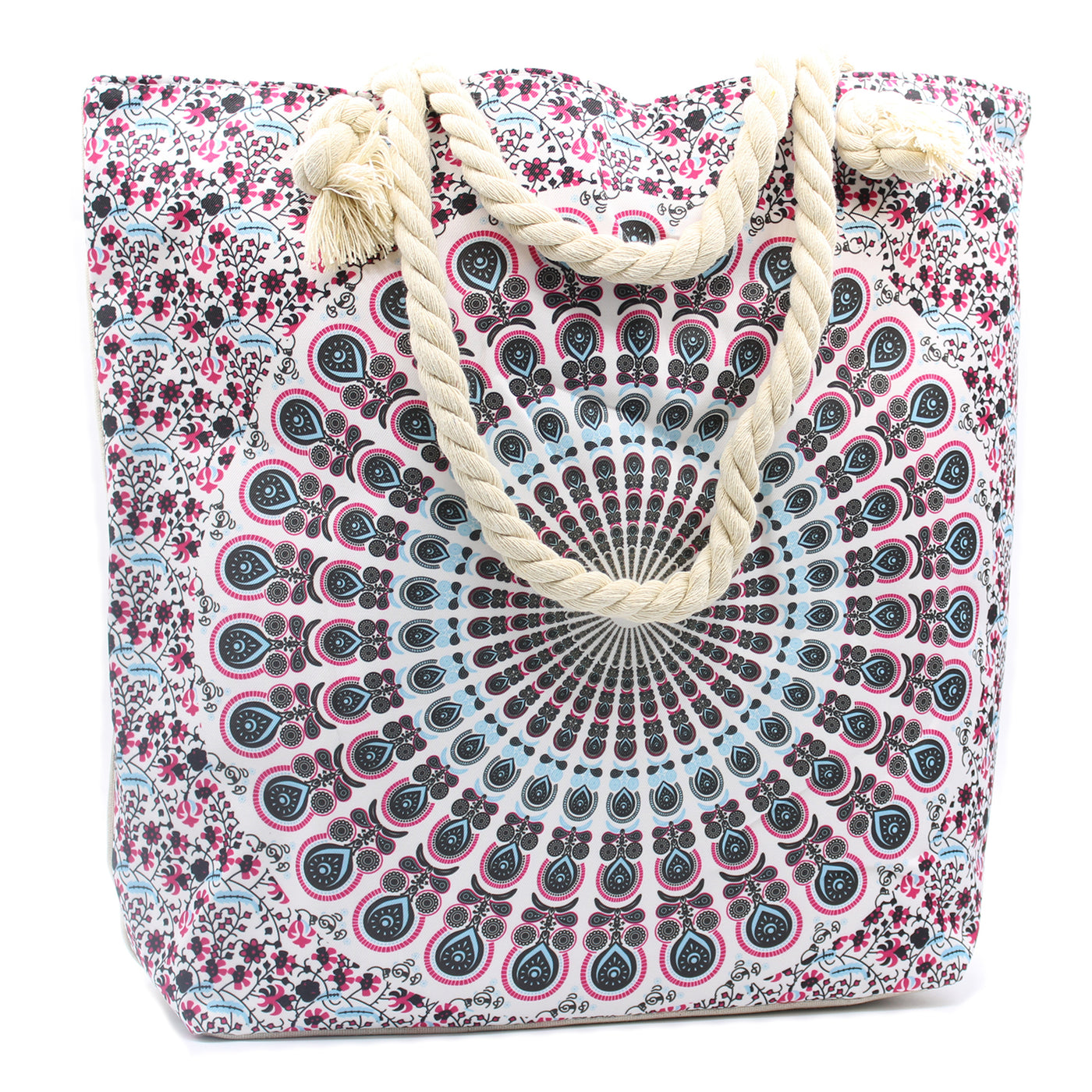 This charmingly patterned  Mandala Bag is large enough for storing all of your essentials. It has small pocket inside, two shoulder straps and fastening at the top with a zip. It will be perfect for shopping and also for a beach.